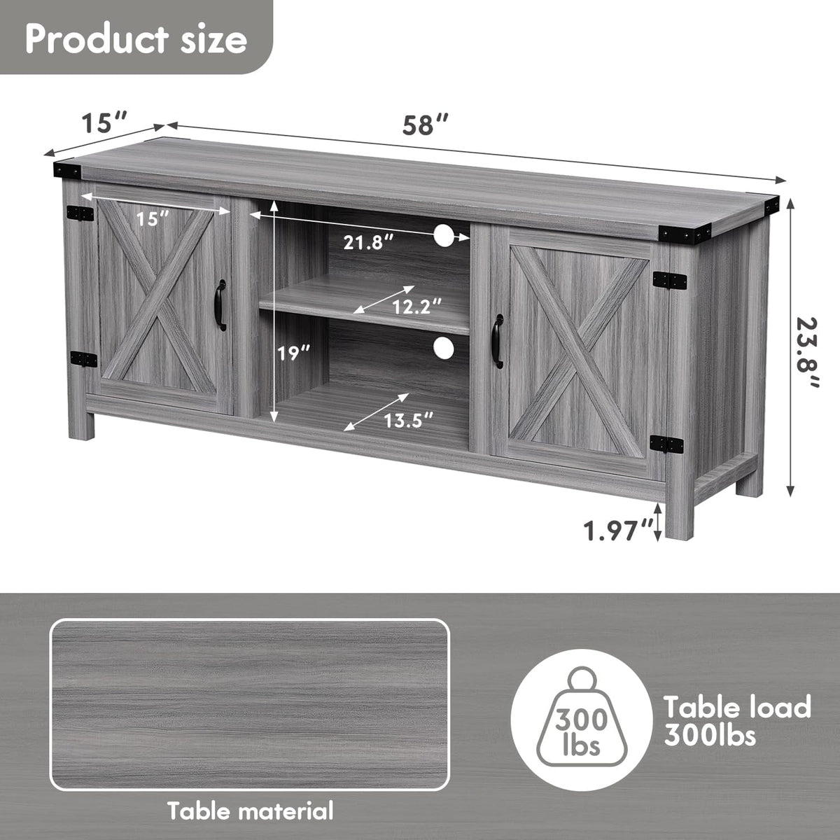 YESHOMY Modern Farmhouse TV Stand with Two Barn Doors and Storage Cabinets for Televisions up to 65+ Inch, Entertainment Center Console Table, Media Furniture for Living Room, 58 Inch, Gray Wash