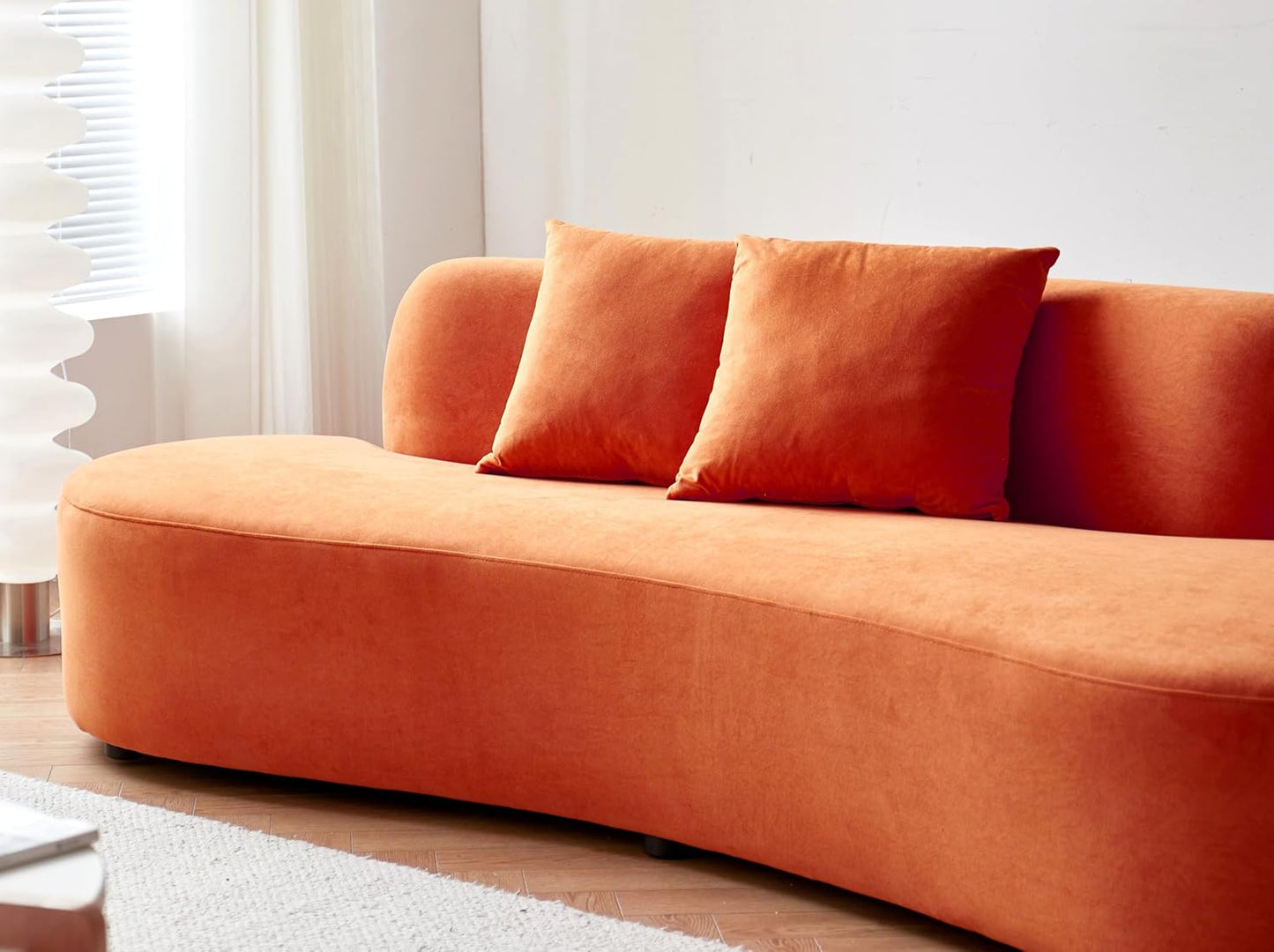 Container Furniture Direct 90" Curved Sofa with Throw Pillows, 4 Seater Luxury Velvet Couch with Half Moon Design and High-Density Foam, Ideal for Modern Living Room, Office & Apartment, Red Orange