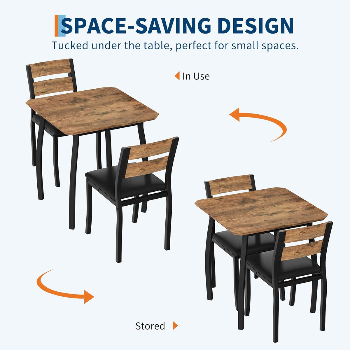 Small Dining Table Set for 2,3-Piece Kitchen Table Set with Thick Wood Grain Tabletop & 2 Upholstered Chairs & Metal Frame, Compact Table Set for Small Spaces, Kitchens & Dining Rooms (Brown)