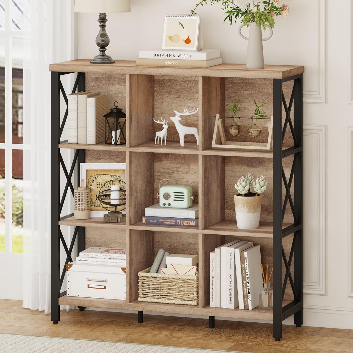 FATORRI 9 Cube Storage Bookshelf, 4 Shelf Book Shelf, Farmhouse Wood and Metal Cubby Bookcase for Home Office Kitchen (39.37 Inch W, Rustic Oak)