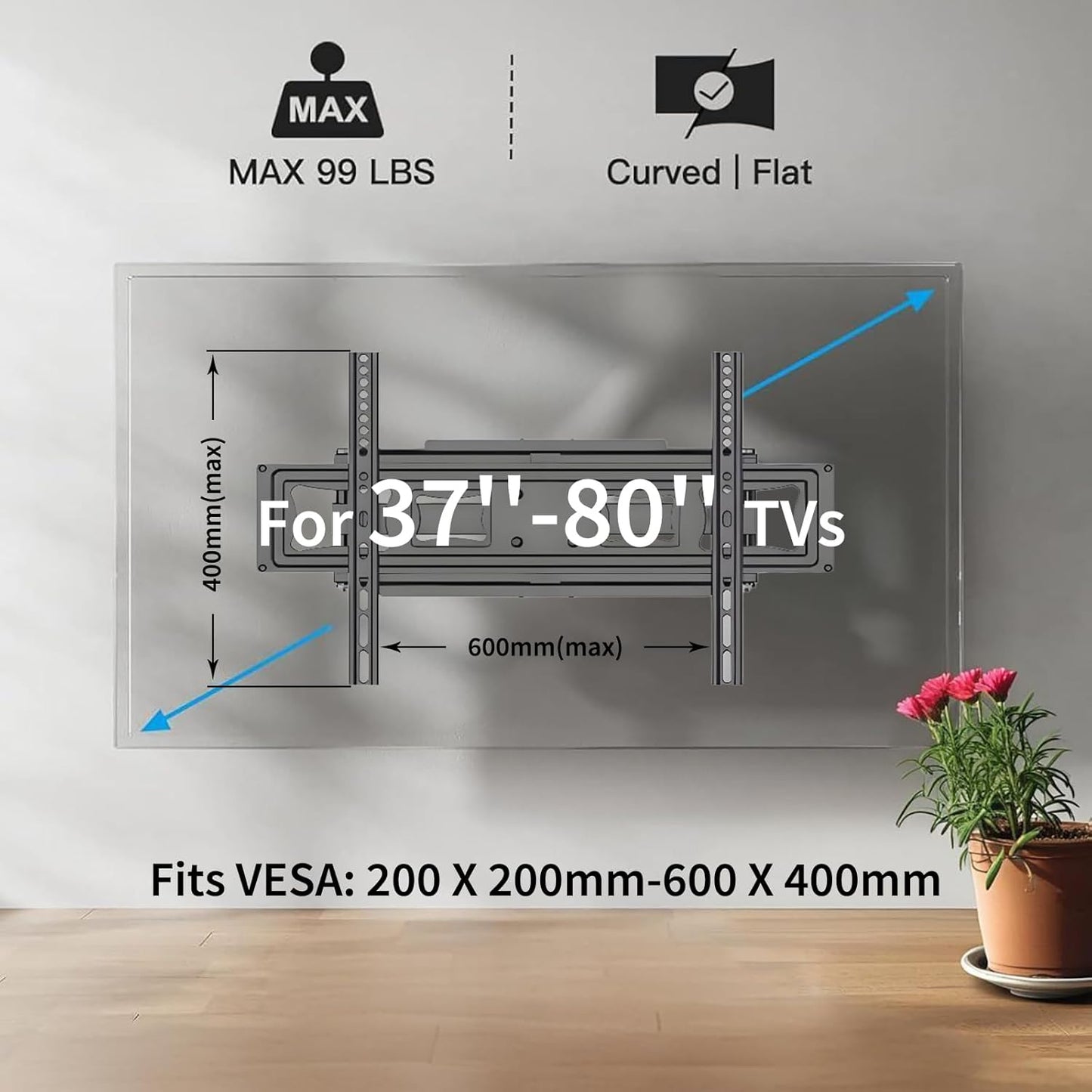 Full Motion TV Wall Mount for 37-80" TVs, Cold-Rolled Steel, VESA 200x200 to 600x400mm, Swivel 120° & Tilt, Supports Up to 99lbs, Durable & Easy Installation