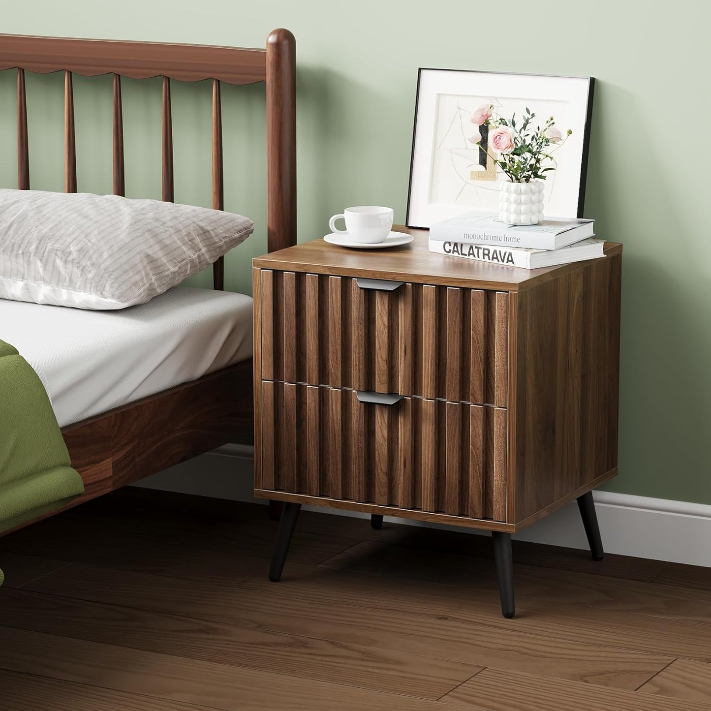 Nightstands, Walnut Fluted Night Stand, Mid Century Modern Nightstand, Bedside Table with Seamless Slatted Drawer, End Tables Bedroom with Metal Legs, Night Stand for Bedroom