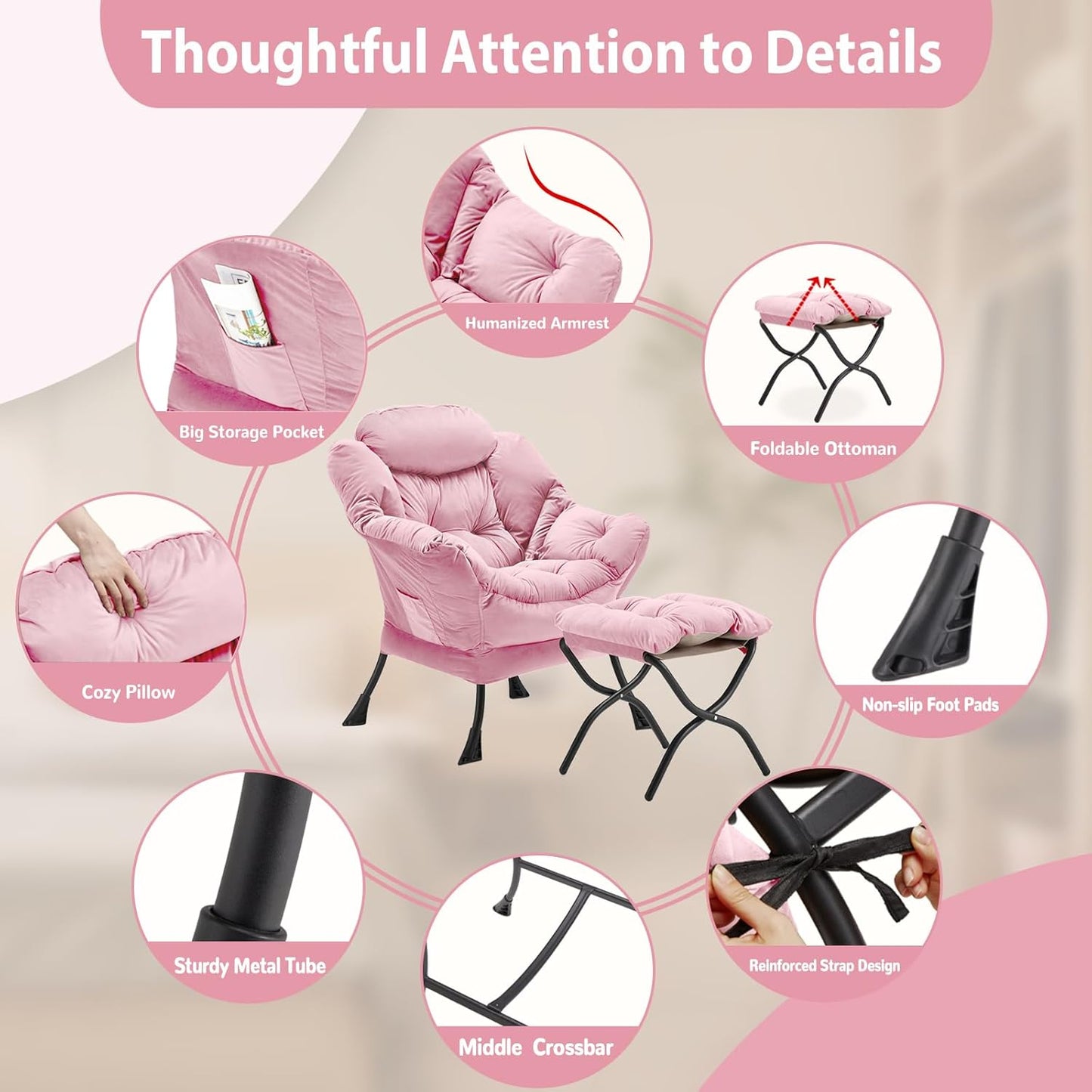 Lazy Chair with Folding Ottoman, Accent Chair Velvet Upholstered with Metal Structure and Non-Slip Pads, Sofa Armchair with Footrest and Side Storage Bag for Dorm, Room, Office, Pink
