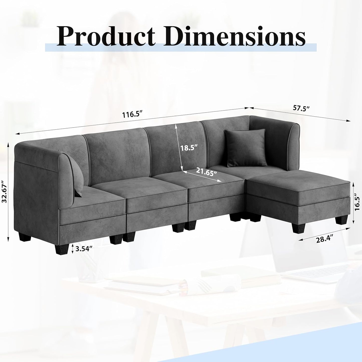 Shintenchi 5 Pieces Sectional Couch Modular Sofa,U Shaped Reversible Chaise Velvet SofaCouch with Cushions,Modular Sectional Sofa with Ottoman for Living Room (Dark Grey)