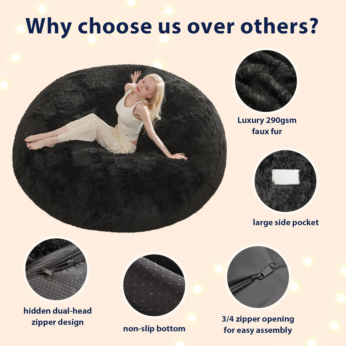 Bean Bag Cover (No Filler), Faux Fur Comfy Bean Bag Covers for Adults, Washable Beanbag Chair Cover, Fluffy Plush Giant Bean Bags Chairs Covers for Teens Kids Girls, Anti-Slip, 5FT, Black