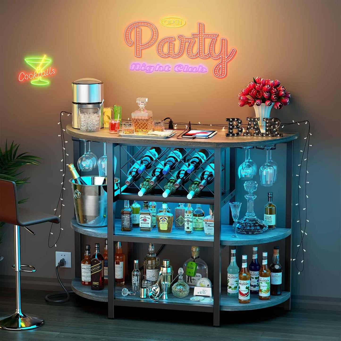 Zarler Bar Cart with Power Outlet Easy to Assemble, LED Home Bar Cabinet for Liquor, 47.3" L x 15.8" D x 36" H Metal Mini Bar Table with 4-Tier Storage, Grey