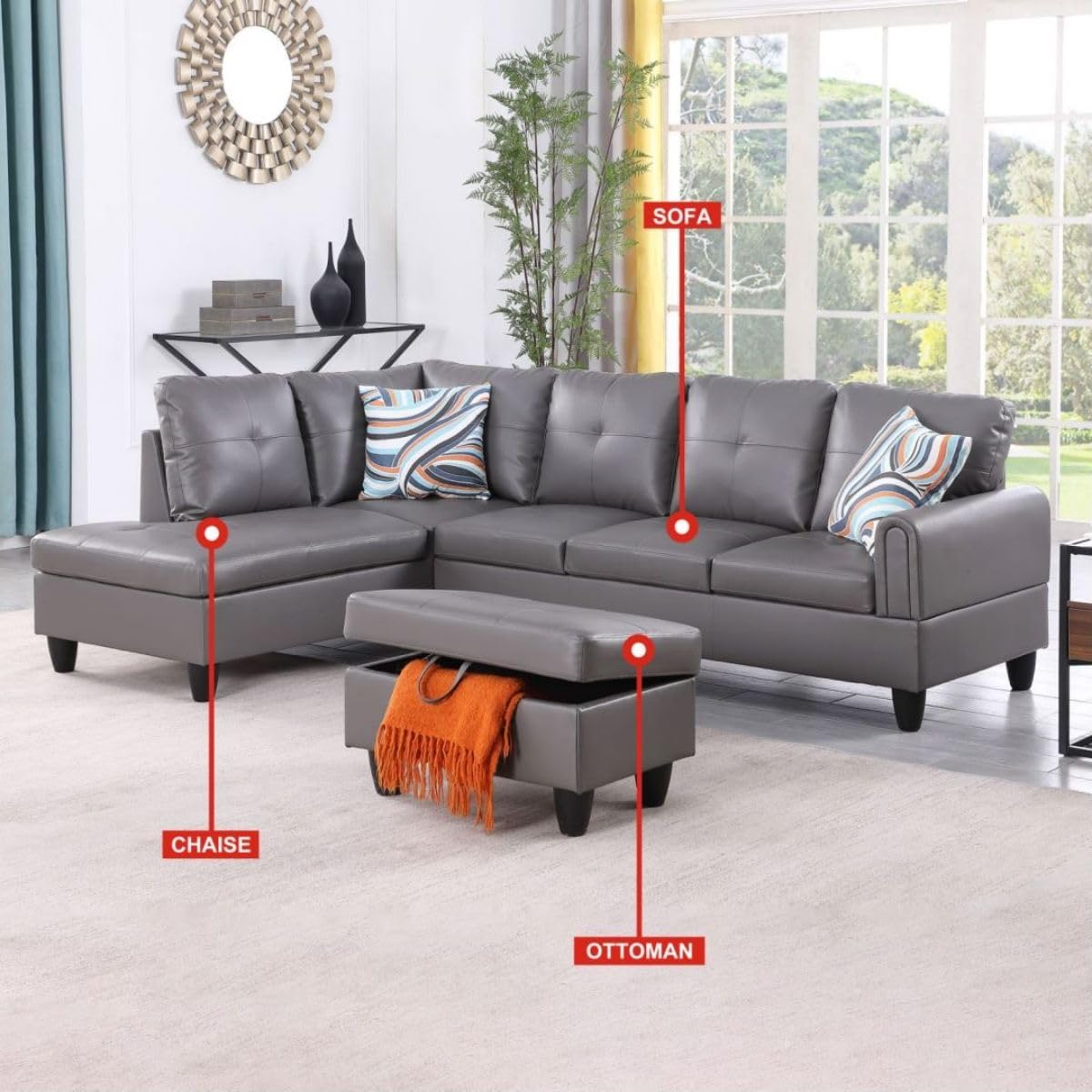 Dark Grey L-Shaped 3-Piece Faux Leather Sofa with Storage Ottoman Set, Sectional Couch Sofa Set for Living Room, Office, Small Space