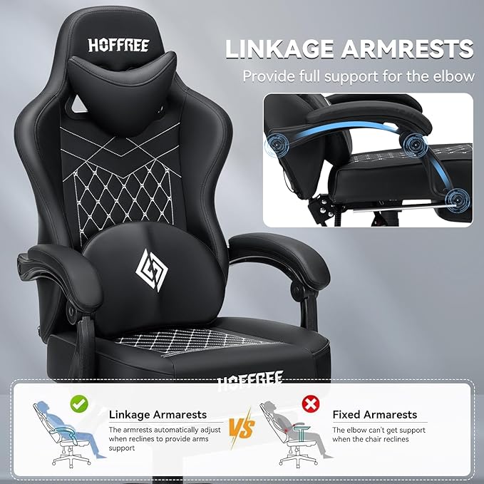 HOFFREE Gaming Chair with Speakers Massage Computer Gaming Chairs for Adults Reclining Bluetooth Game Chairs with Pocket Spring Cushion Video Game Chair with Footrest Computer Office Desk Chair Black