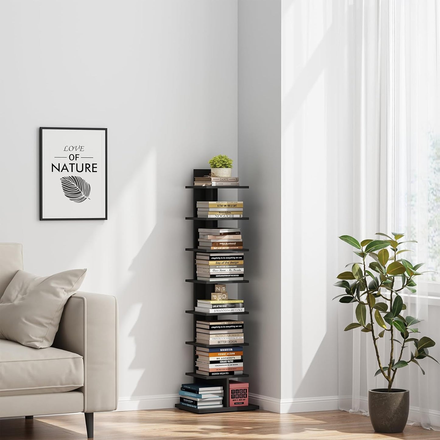 TUTOTAK Narrow Bookshelf, 8-Tier Bookcase, Spine Book Shelf for Small Space, Corner Standing Shelf for Living Room, Office, Study, Entryway, Black BS06BK008