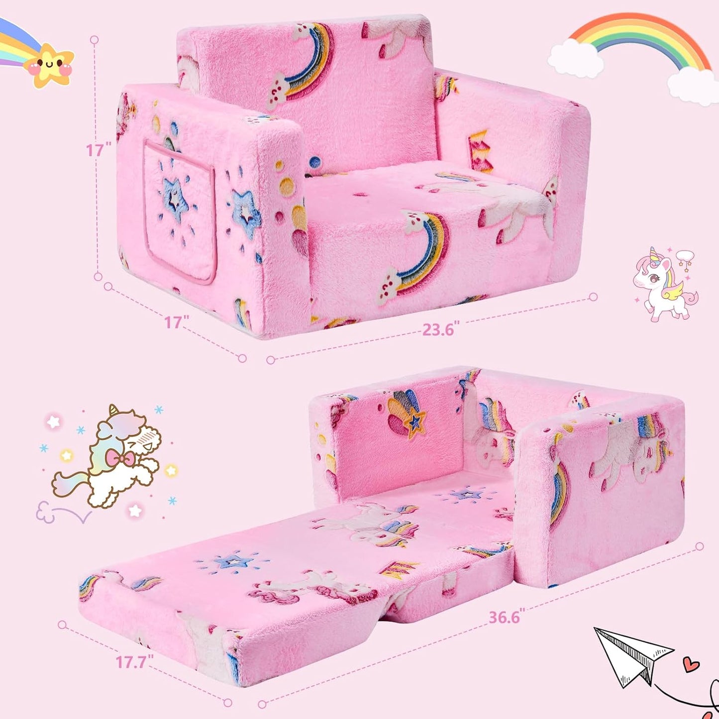 Toddler Couch,Toddler Chair,Kids Chair 2-in-1 Baby Seat Furniture Fold Out, Convertible Sofa to Lounger Comfy Glow in The Dark Sofa Bed,Gifts for Kids Girl Boys,Unicorns Rainbow,Medium