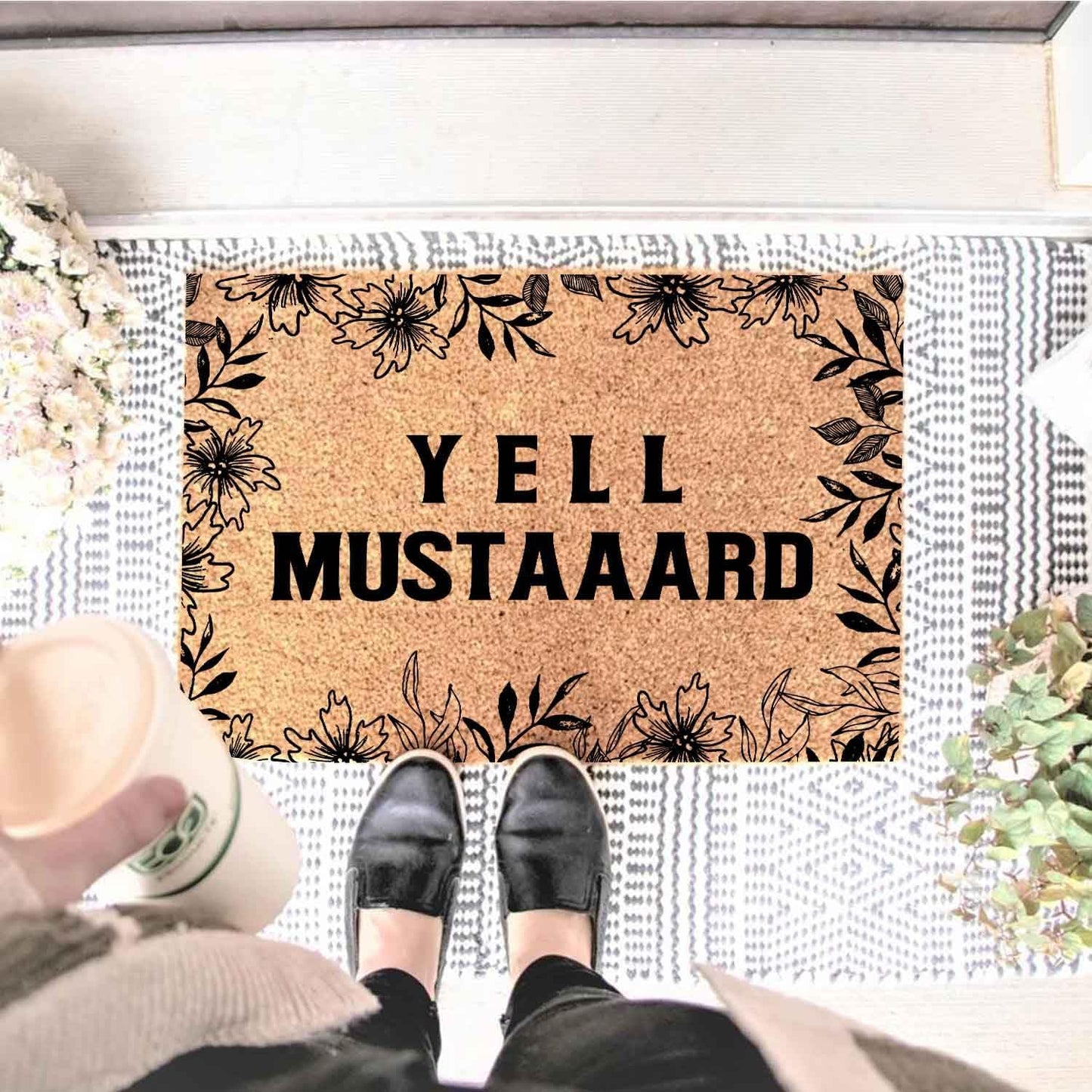 Funny Coir Doormat with Music Lover Yell Mustard - Front Door Mat, Entryway Welcome Mat, 23.7 x 15.7 inch