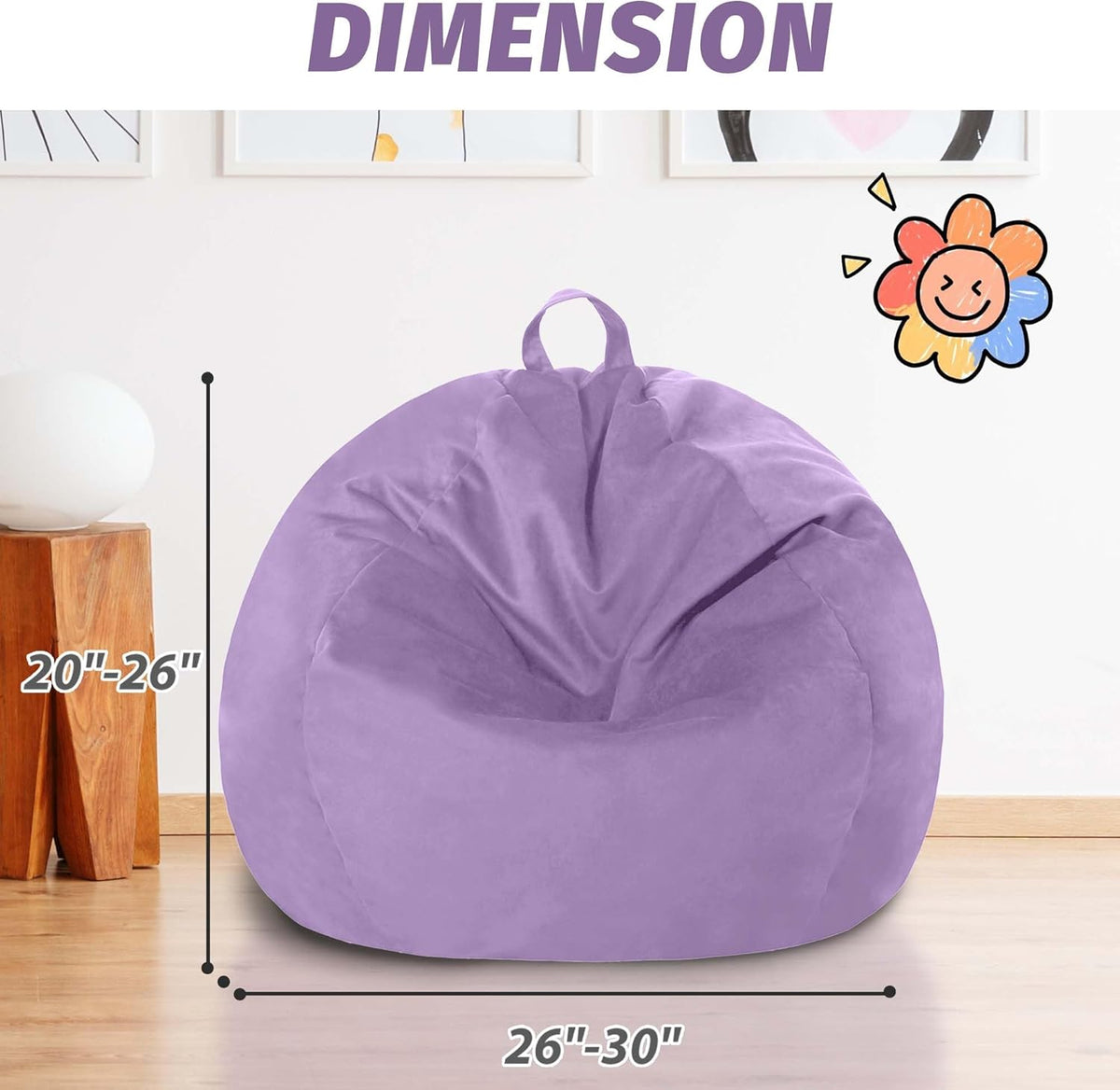 2FT Bean Bag Chair with Ultra Soft Velvet Cover Bean Bag Sofa with Memory Foam Bean Bag Chairs with Large Size Lazy Sofa for Dorm Office Living Room Bedroom Purple 2'