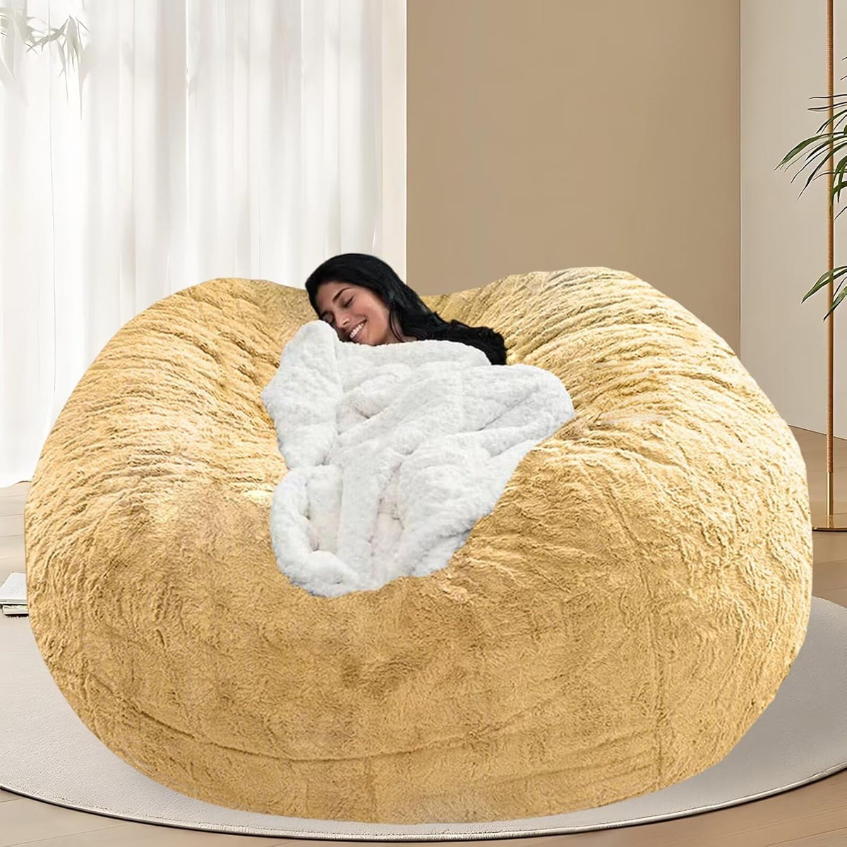 BCU Oversized Bean Bag Cover Comfy Beanbag Chair for Adults Without Filler Faux Fur Floor Chair Lazy Sofa Cover Comfy for Living Room Chairs, Lemon Yellow, 5FT