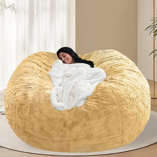 BCU Oversized Bean Bag Cover Comfy Beanbag Chair for Adults Without Filler Faux Fur Floor Chair Lazy Sofa Cover Comfy for Living Room Chairs, Lemon Yellow, 5FT