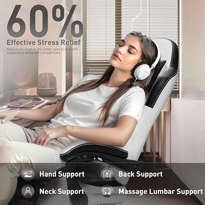 HLDIRECT Gaming Chair, Ergonomic Video Game Seat with 360° Swivel & Lumbar Massage, Computer Chair PU Leather Cushion for Adults Home/Office Use (Black & White)