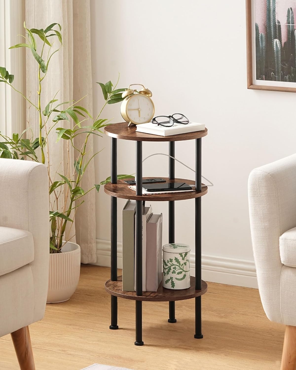 Round Side Table with Charging Station, Small Round End Table, 3-Tier Sofa Side Tables for Small Spaces, Nightstand for Living Room, Bedroom, Rustic Brown and Black TBZ06UBF