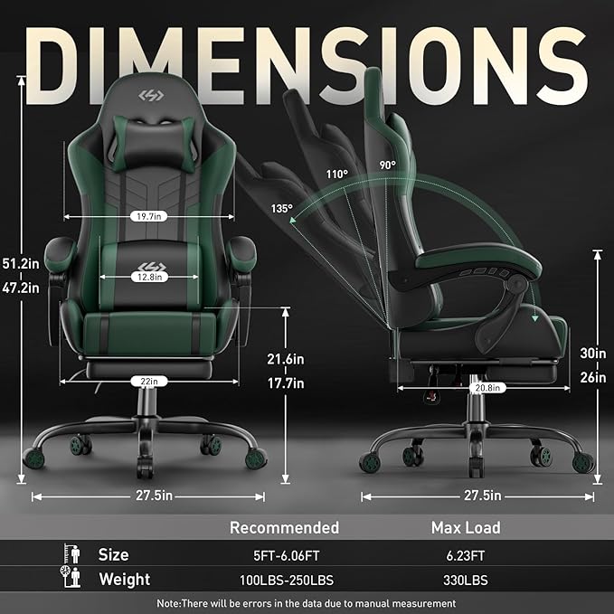 HLDIRECT Gaming Chair, Ergonomic Video Game Seat with 360° Swivel & Lumbar Massage, Computer Chair PU Leather Cushion for Adults Home/Office Use (Black & Green)