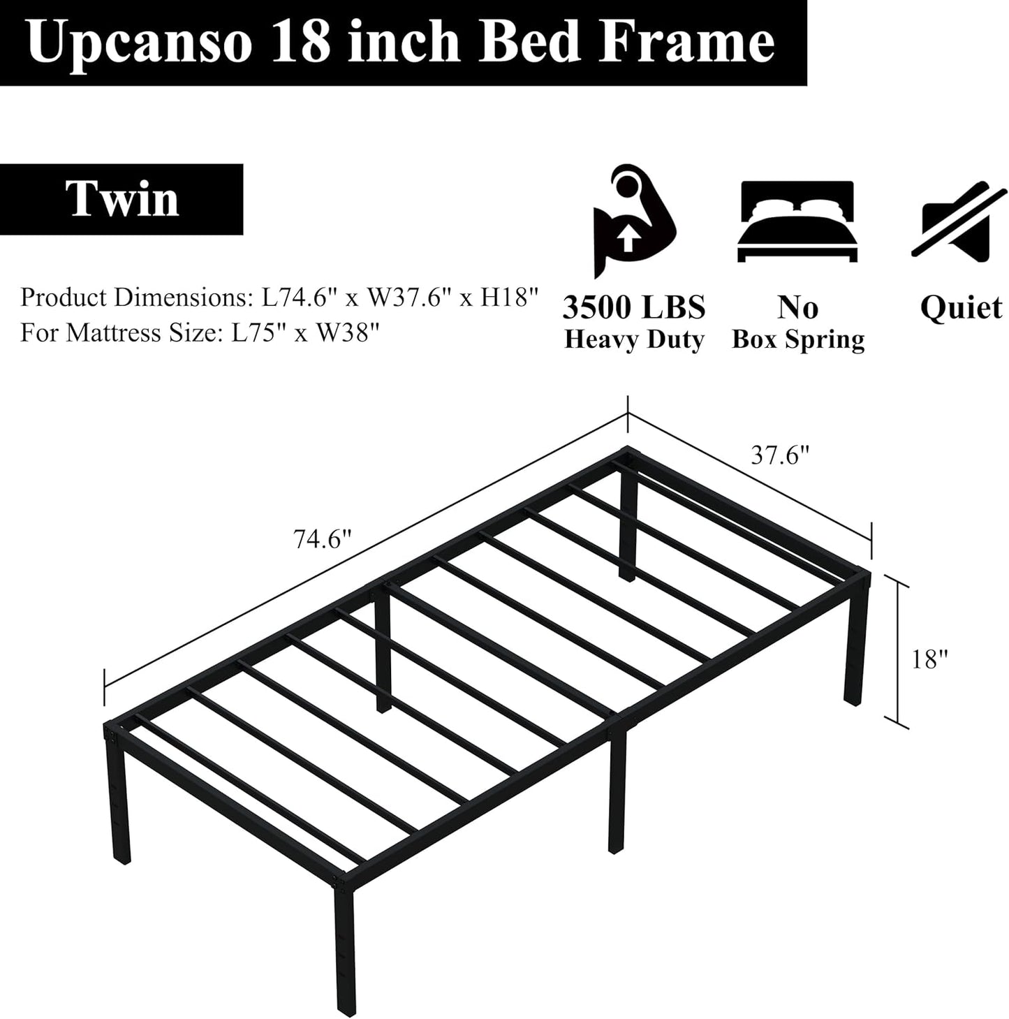 18 Inch Twin Bed Frames No Box Spring Need, Metal Platform Bed Frame Twin Size with High Storage, Eassy Assembly 2,500 Lbs Heavy Duty Bedframes, Black