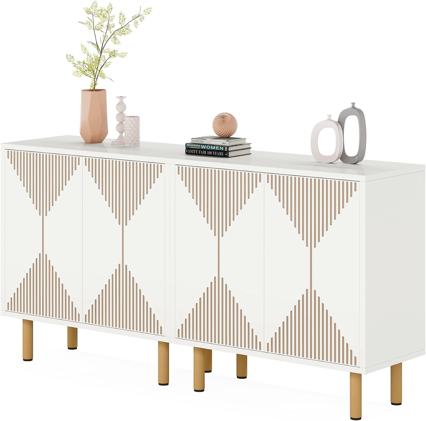 LITTLE TREE White Sideboard Buffet Cabinet, Modern Sideboard Cabinet with 4 Doors, Cupboard Console Table