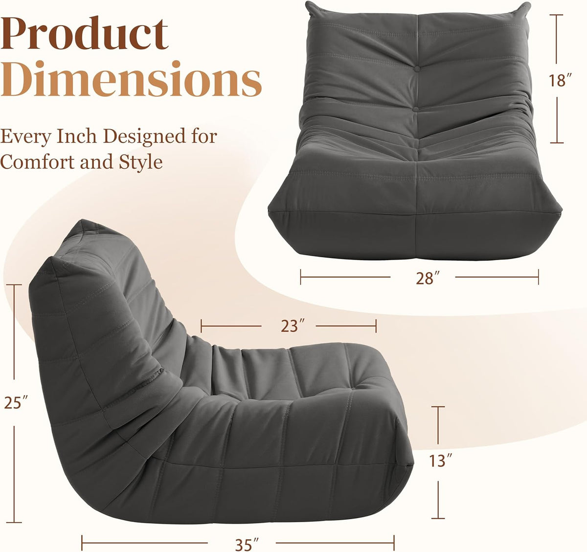 Bean Bag Chair, Fireside Chair Bean Bag Sofa for Adults, Bean Bag Chairs for Teens with High-Resilience Foam, Memory Foam & Non-Slip Base Bean Bag for Living Room, Bedroom, Office (Suede, Dark Gray)