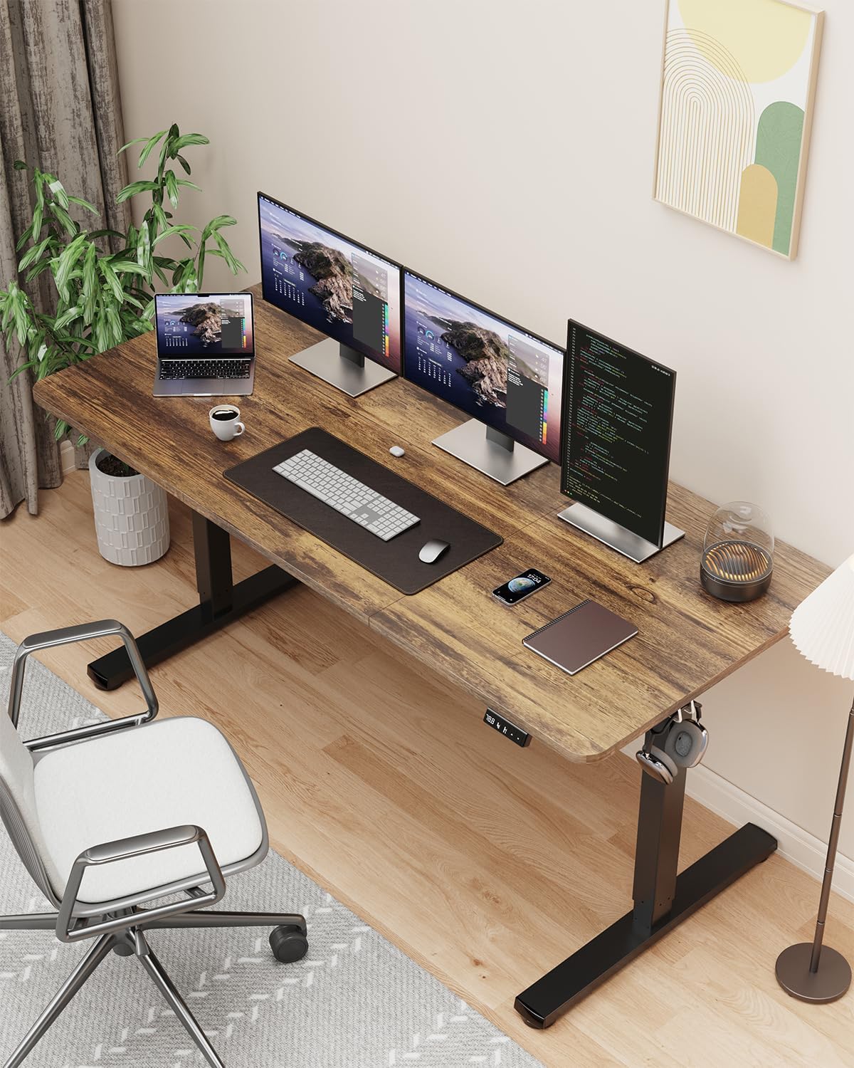 Standing Desk, Large Height Adjustable Electric Stand up Desk, 55 x 24 Inches Sit Stand Home Office Desk, with Splice Board, Black Frame/Rustic Brown Top