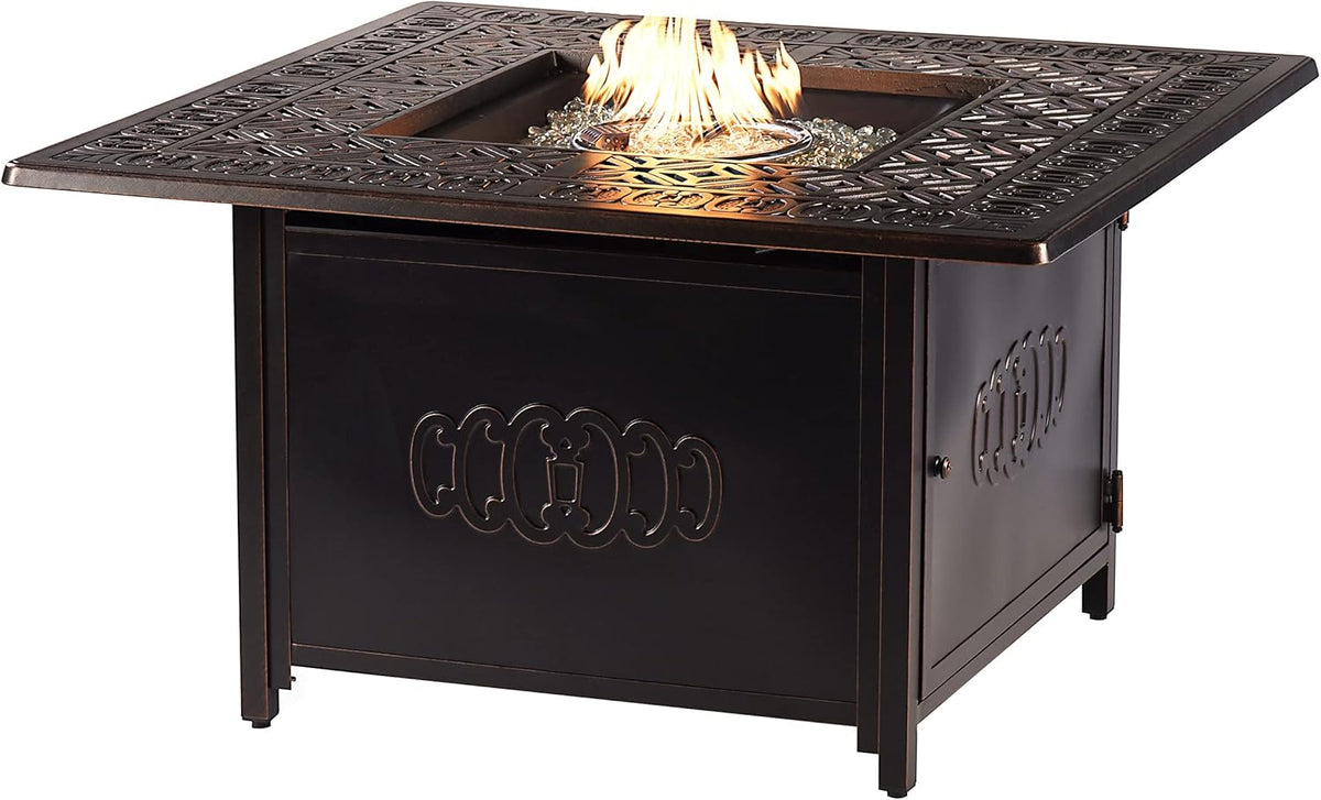 Oakland Living Black Aluminum Patio Fire Table Set with Four Deep Seating Loveseat, Cushions and Wind Blocker