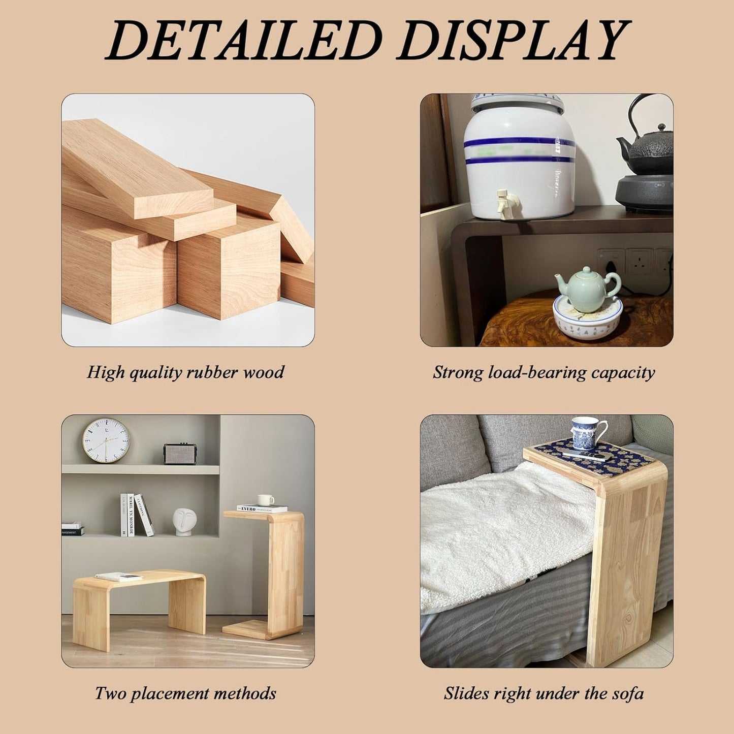 C Shaped End Table, Solid Wood C Side Table for Couch Sofa and Bed, Sofa Tables That Slide Under for Space Saving, Small Snack C Tables for Living Room Bedroom (H 24.4″ - Black, 2)