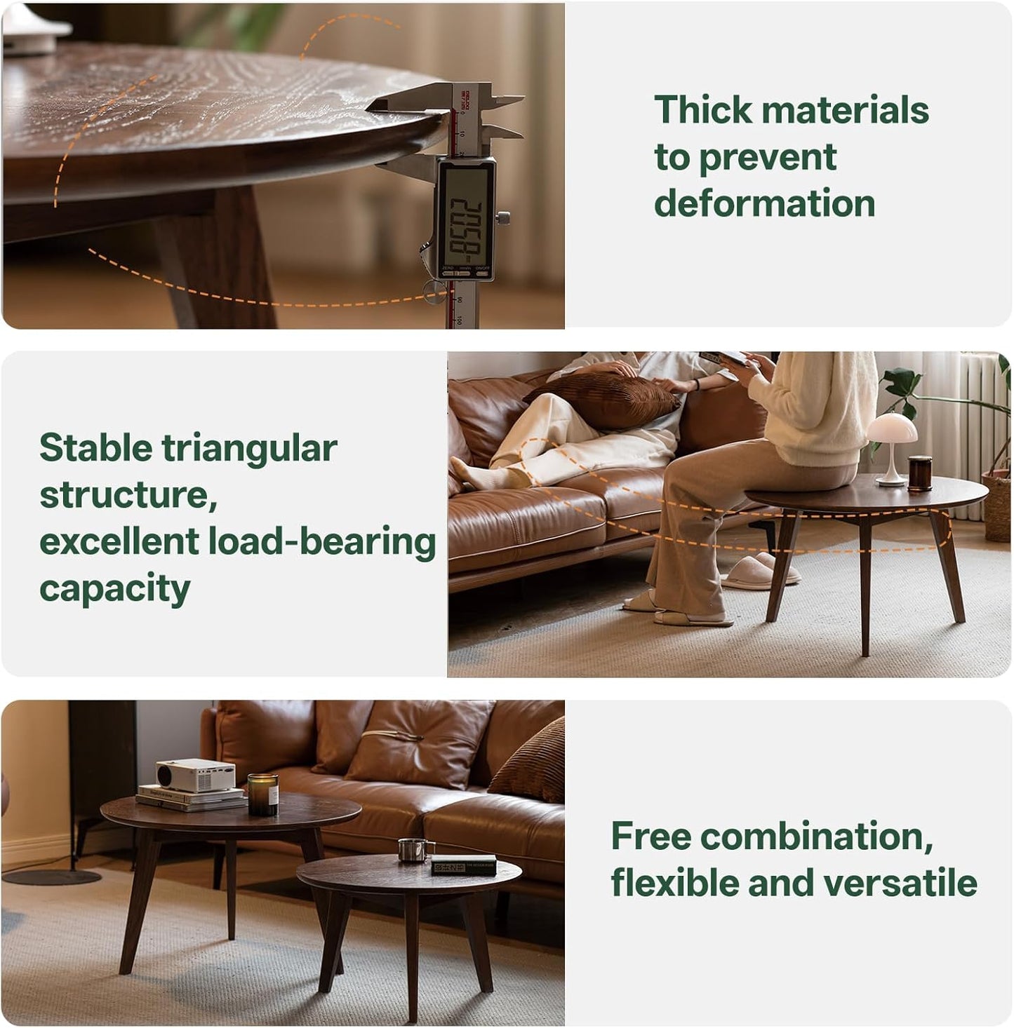 100% Solid Oak Wood Coffee Table Set, Round Coffee Table Combo Side Table w/Solid Wood Legs, Mid Century Table Sturdy Tables for Bedroom Balcony Living Room (Walnut, Small-Medium Combo)