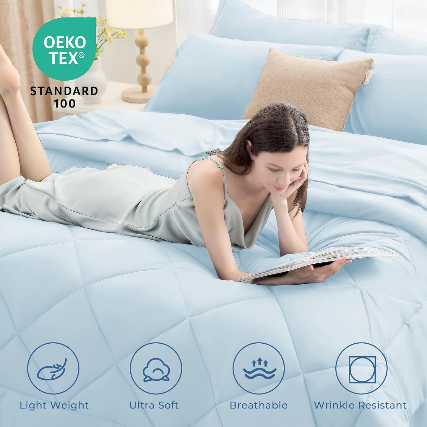 HEVUMYI Full Comforter Set - 7-Piece All Season Bed in a Bag Full, Ultra Soft Bedding Set with Comforter, Flat Sheet, Fitted Sheet, Pillowcases, Pillow Shams, Greyish Blue