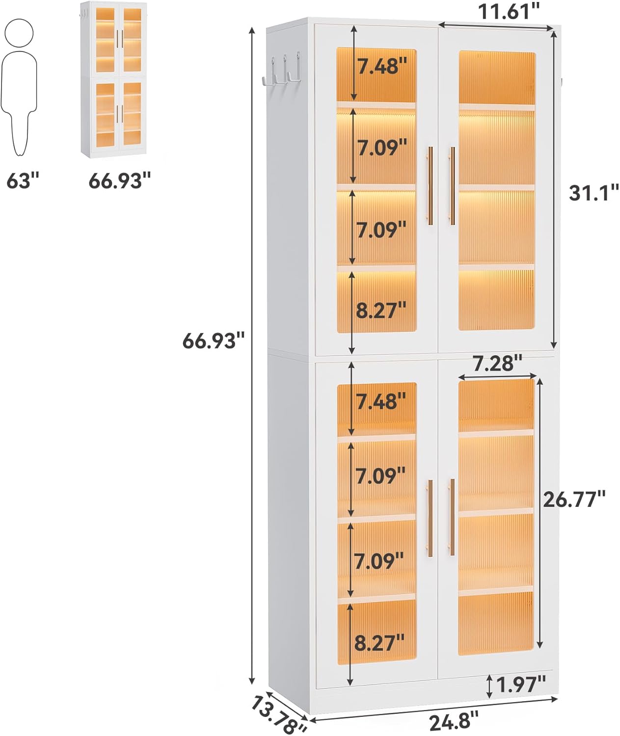 LITTLE TREE Stylish 8-Tier Vertical Shoe Rack with Built-in LED Lighting, Doors for Dust Protection, and Convenient External Hooks, Shoe Cabinet for Entryway, Living Room, Bedroom, White