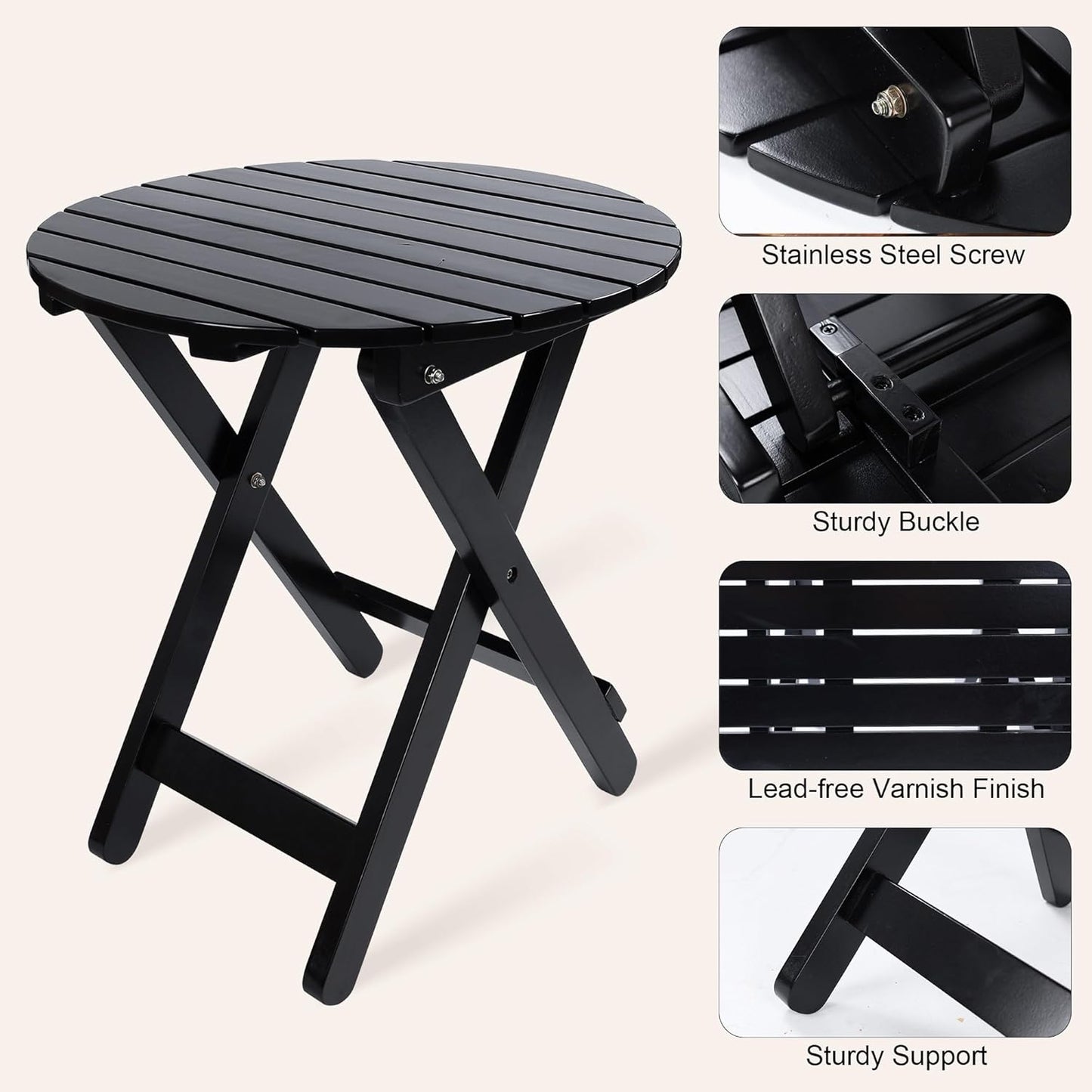 Outdoor Patio Side Table Set of 2 Small Folding Wood Round End Table Coffee Furniture for Living Room, Bedroom, Plant Stand, Camping Portable Black
