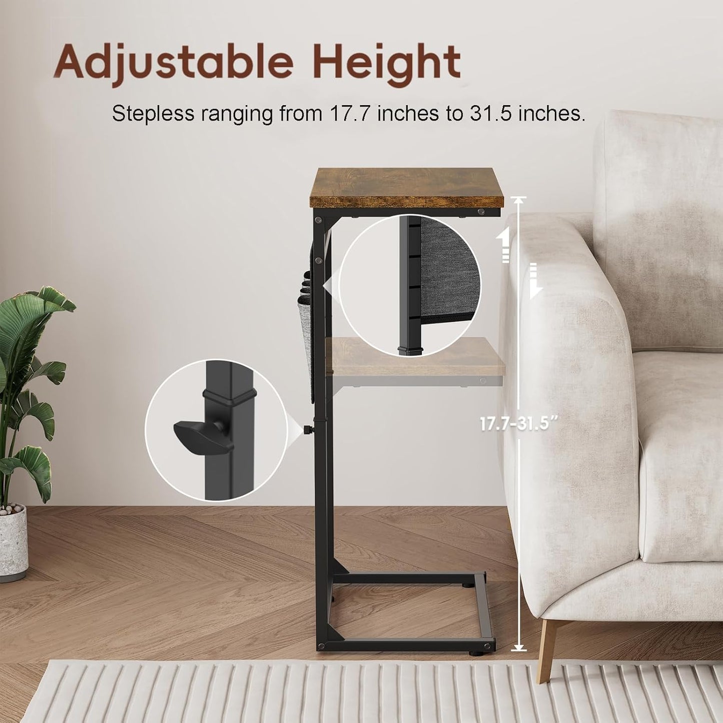 Vagusicc C Shaped End Table, 33'' Tall Side Table for Couch, Adjustable Height Small Couch Side Table for Small Spaces, End Table Slide Under Sofa Table TV Tray Table Arm Table for Living Room, Brown