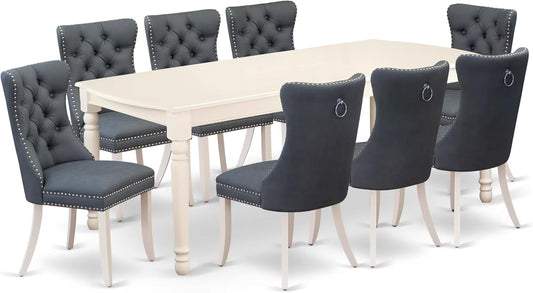 East West Furniture DODA9-LWH-13 9 Piece Dining Table Set Includes a Rectangle Kitchen Table with Butterfly Leaf and 8 Polyester Fabric Chairs, Linen White