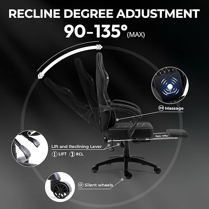 Dowinx Gaming Chair Breathable Fabric Game Chair with Gel Pad and Storage Bag, Comfortable Gamer Chair with Pocket Spring Cushion, Ergonomic Computer Chair with Footrest, Black