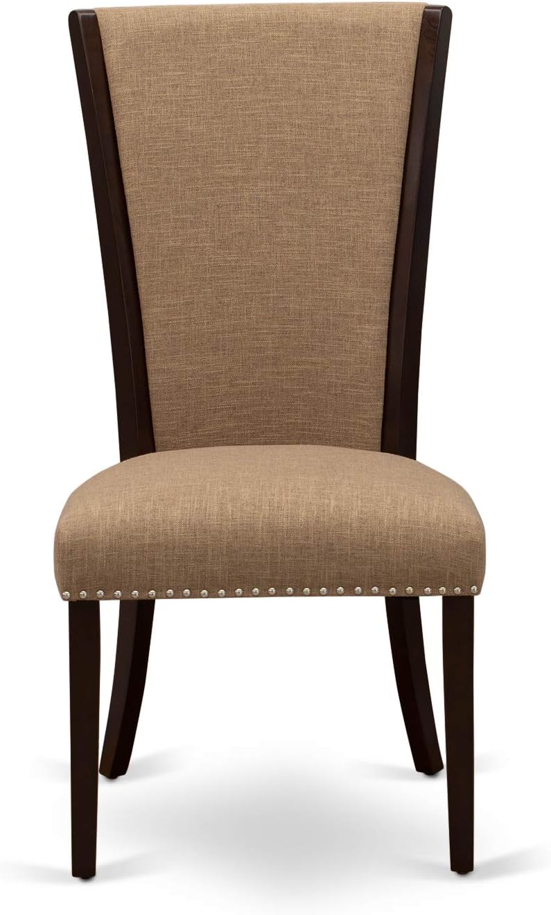 East West Furniture VEP3T47 Verona Modern Parson Chairs - Nailhead Trim Light Sable Linen Fabric Upholstered Dining Chairs, Set of 2, Mahogany