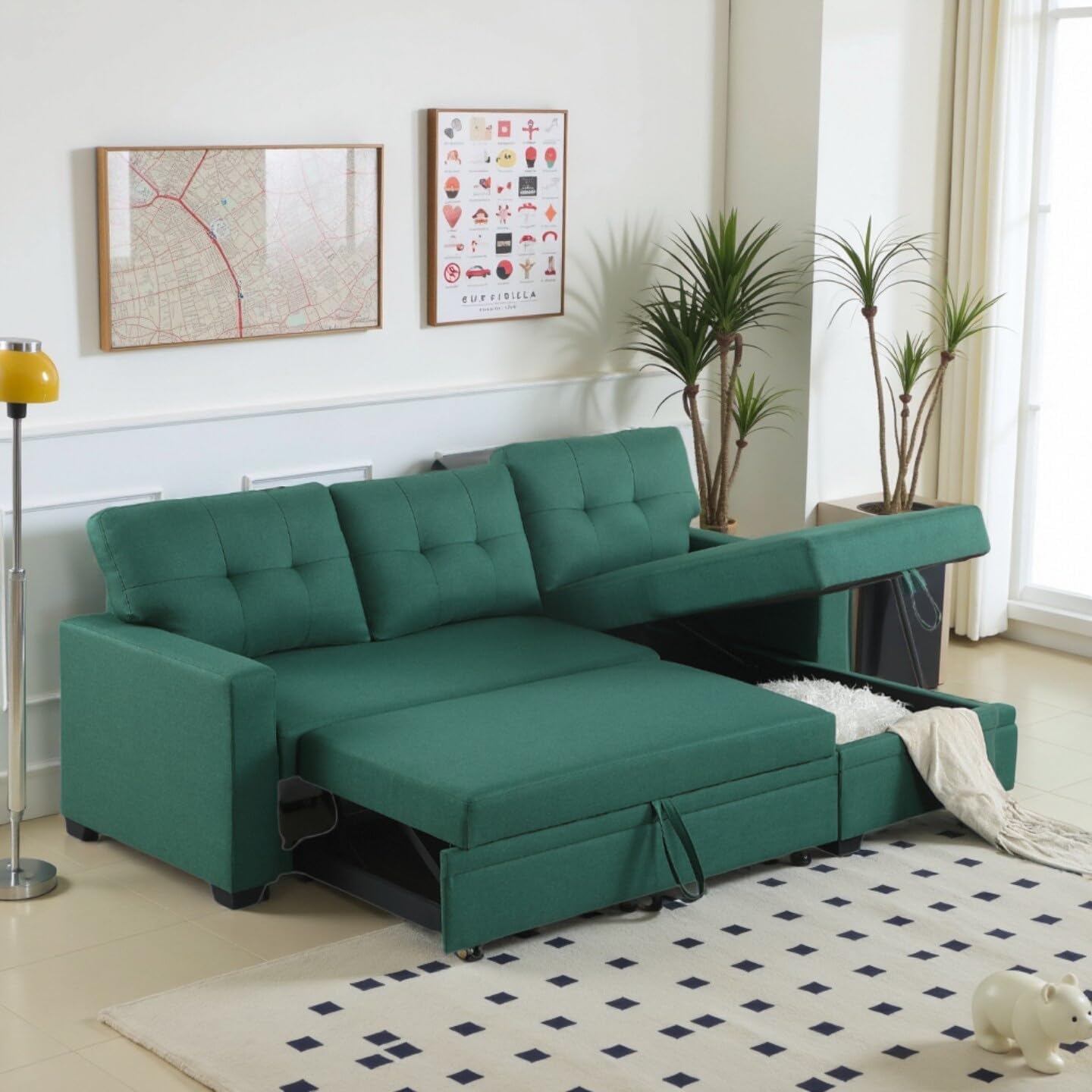 L-Shape Sofa Bed, 82" Sectional Couch with Storage Chaise, Pull Out Sleeper Sofa with Removable Back Cushions, Convertible Corner Couch for Living Room Apartment, Green
