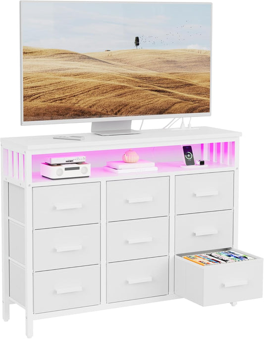 9 Drawer Dresser TV Stand with LED Lights & Power Outlets, Entertainment Center with Open Shelf, Media Console for 50” TV, Large Storage Dresser for Bedroom (White)