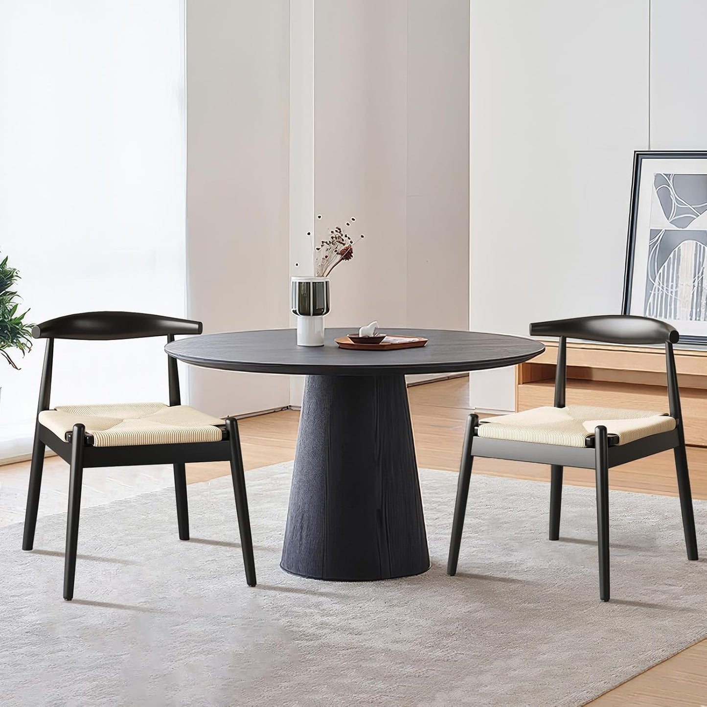 Mid Century Modern Dining Chairs Set of 2, Wooden Frame Kitchen Chairs for Table,Woven Rattan Seat,Perfect for Tea Rooms or Cafés,Backyard Patio Beige