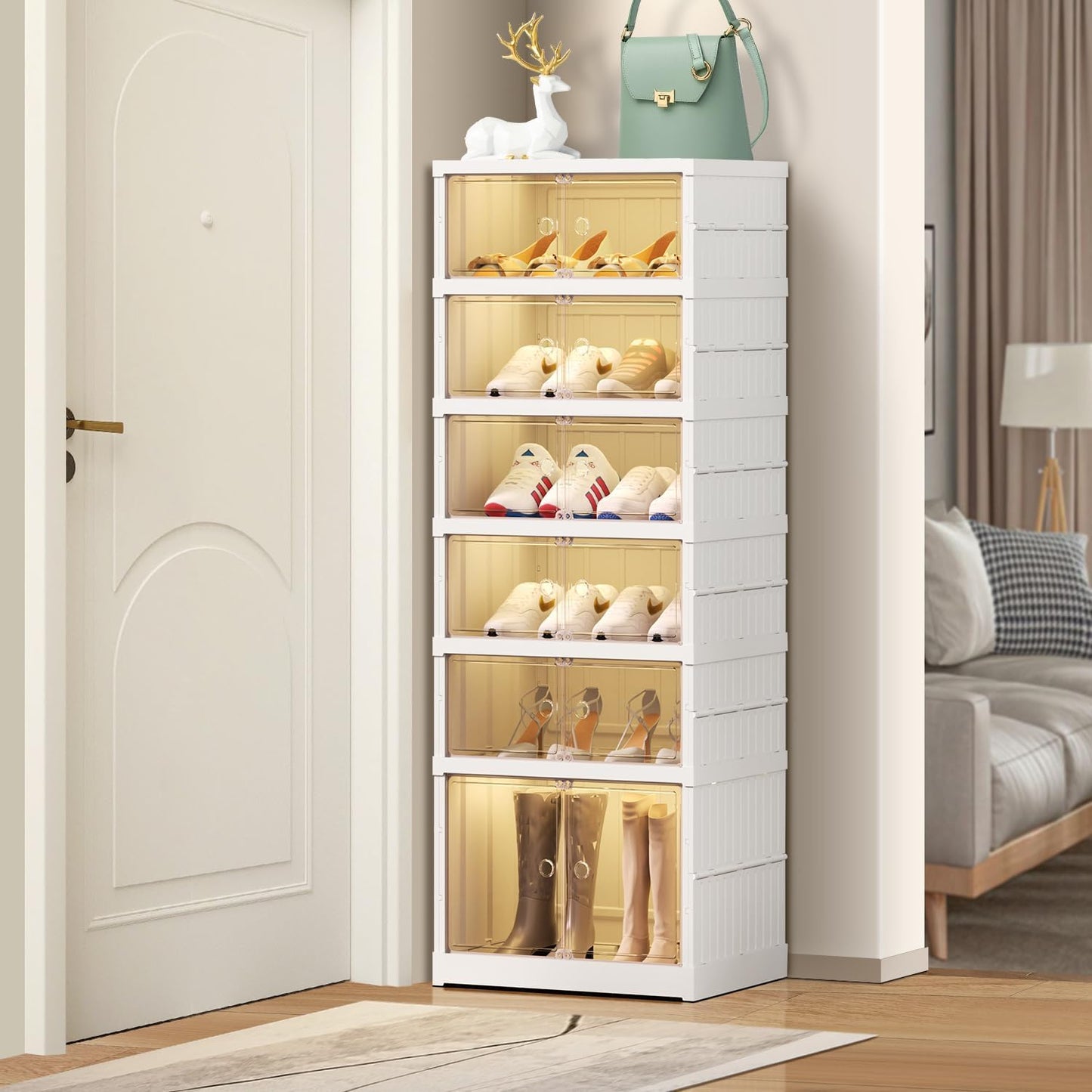 6 Tier Foldable Shoe Rack Organizer for Closet 6-12Pairs Plastic Collapsible Shoe Racks Shelf Stackable Clear Folding Shoes Storage boxes for Small Spaces Narrow Shoe Storage Cabinet