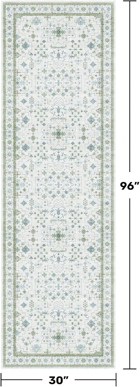 Oushak Wide Hallway Runner Rug 2'6"x8' - Vintage Turkish Floral, Washable Low Pile Non Slip Extra Long Runners for Kitchen, Hall Way - Cream Blue and Green