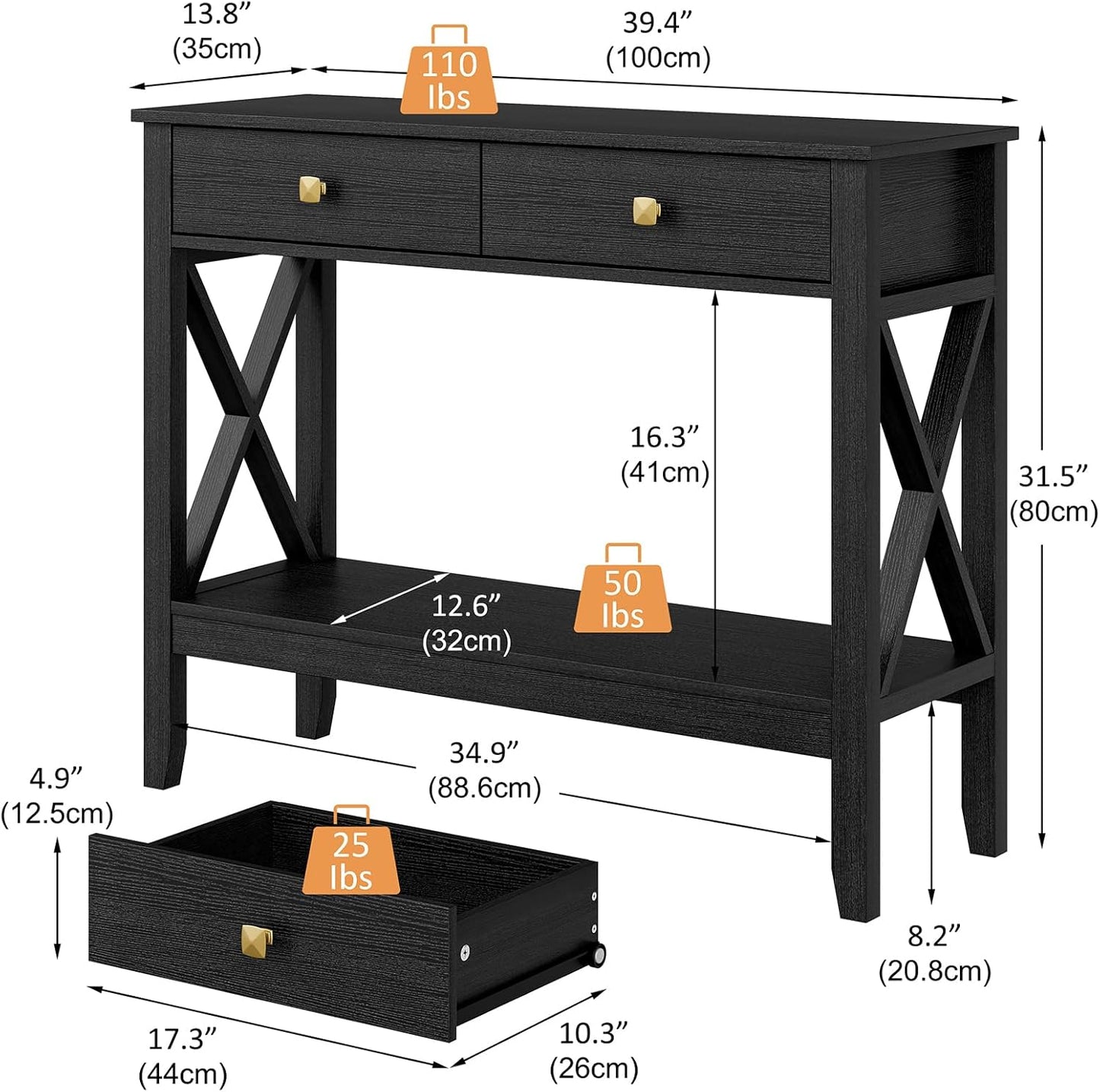Console Table,Sofa Table 13.8" D x 39.37" W x 31.5" HEntryway Table with 2 Drawers Storage Shelve Foyer Table for Entryway Farmhouse Hallway Tables (Black)