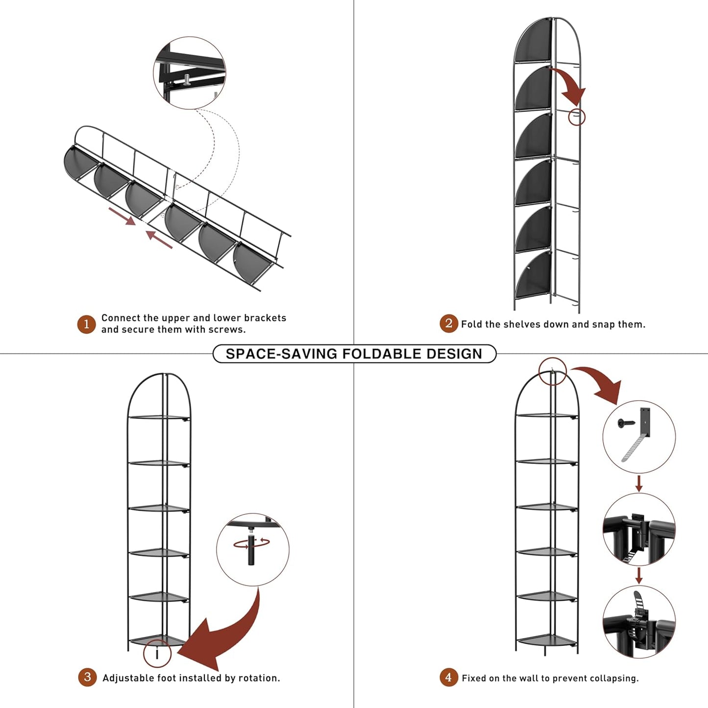 Crofy Foldable 6 Tier Corner Shelf, Metal Corner Plant Stand with Black Frame and Black Shelves, Corner Display Rack Multipurpose Shelving Unit for Living Room, Bedroom, Bathroom