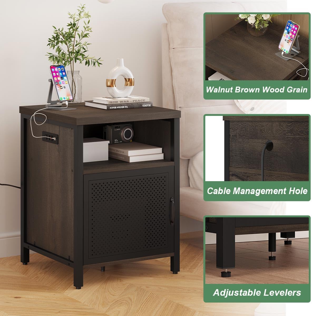 FATORRI End Table with Storage, Rustic Side Table for Living Room, Narrow Wood and Metal Bedside Tables with Door (Walnut Brown)