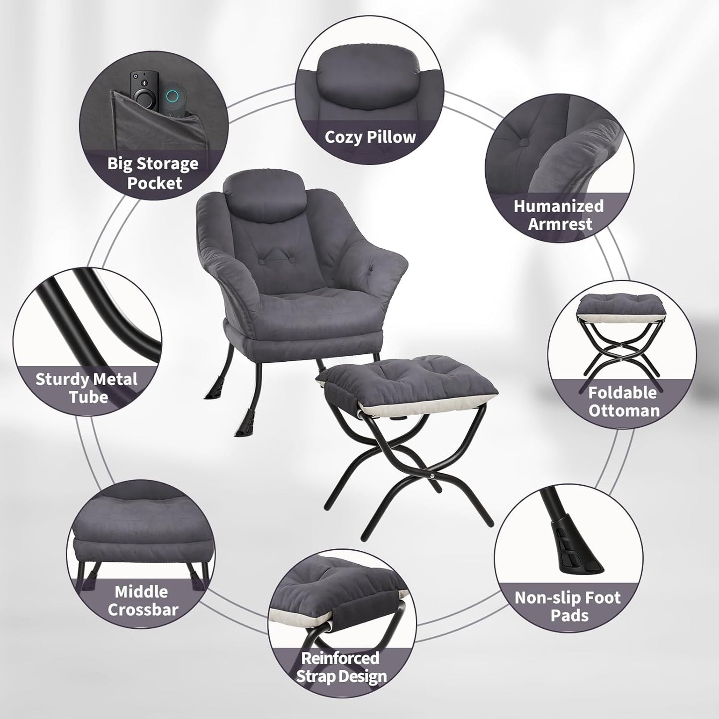 IDEALHOUSE Lazy Chair with Ottoman - Modern Living Room Chairs for Small Spaces, Ergonomic Reading Chair with Armrests, Comfy Chair with Ottoman for Bedroom & Living Room, Grey