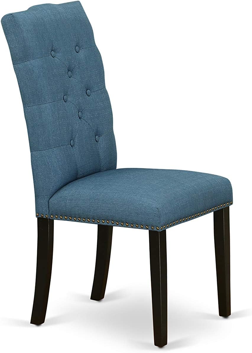 East West Furniture ELP1T21 Elsa Parson Kitchen Chairs - Button Tufted Nailhead Trim Blue Linen Fabric Upholstered Dining Chairs, Set of 2, Black