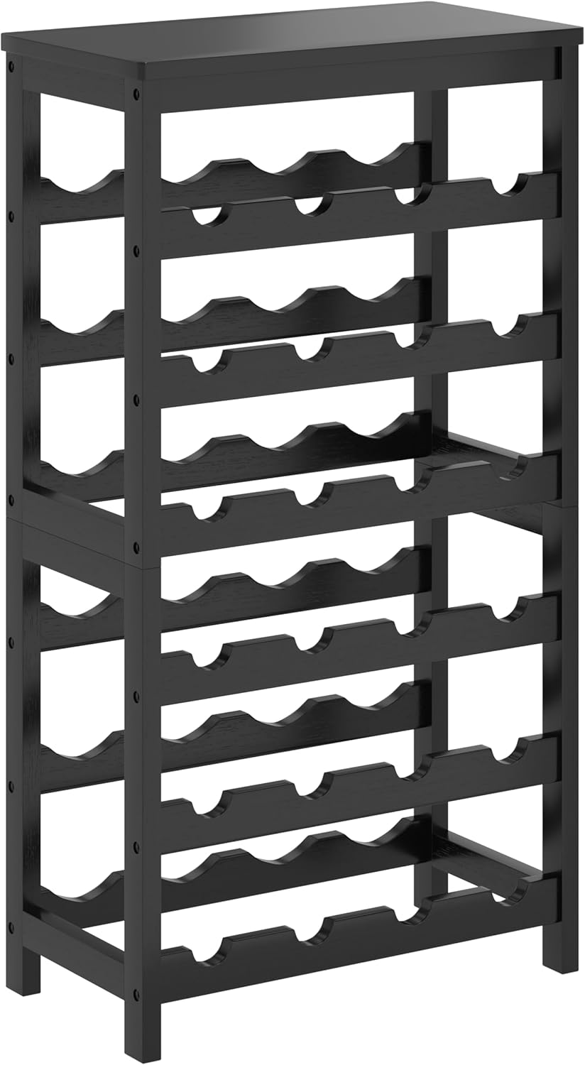 6 Tier Bamboo Wine Rack Freestanding Floor, 24 Bottles Wine Storage Shelves with Table Top, Stackable Wine Display Rack for Kitchen, Bar, Dining Room, Black