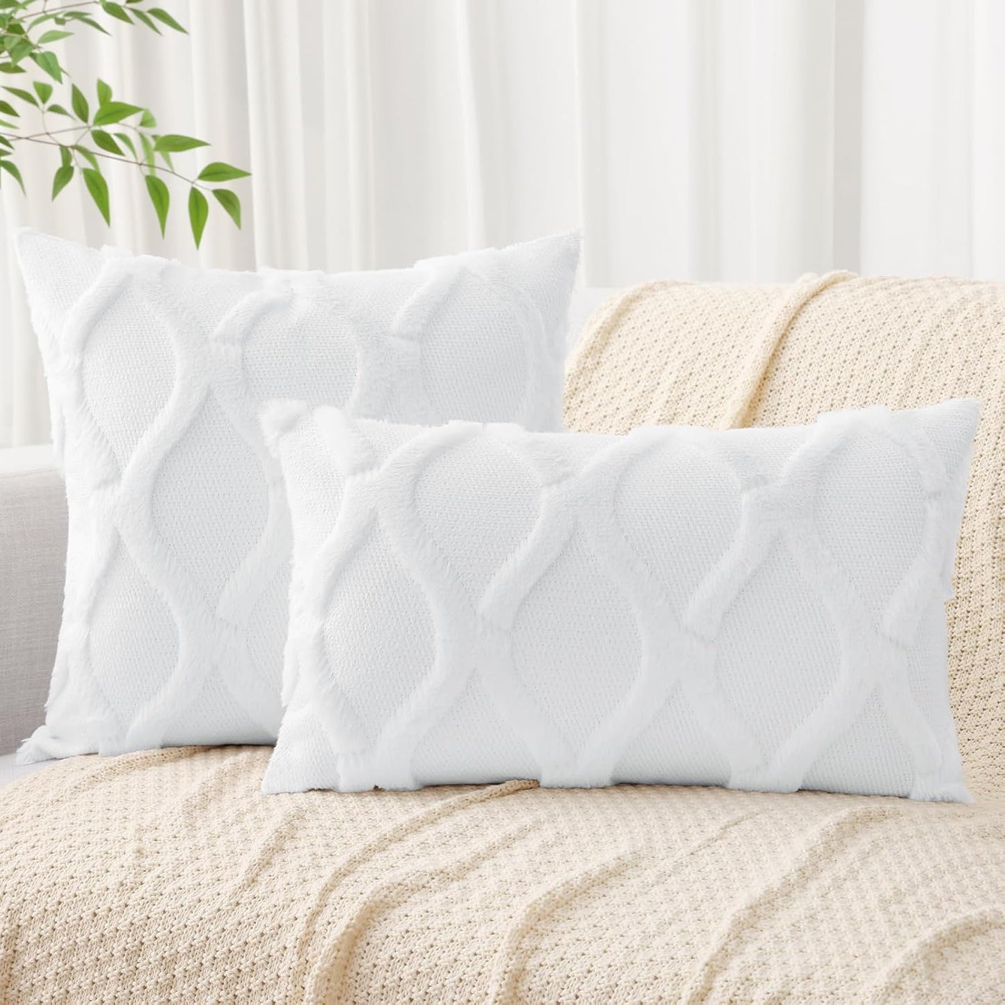 decorUhome Throw Pillow Covers 12x20 Inch Set of 2, Soft Plush Faux Fur Wool Lumbar Pure White Couch Pillow Covers, Decorative Neutral Pillow Cases for Bed Sofa Living Room Home Decor