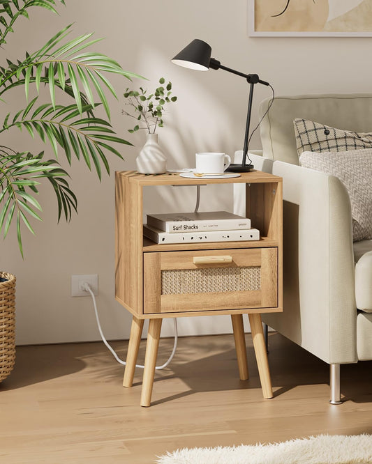 Rattan Nightstand with Charging Station, Small Night Stand, Side Table with Drawer Open Shelf, Cane Accent Bedside End Table with Wood Legs, Modern Nightstand for Bedroom, Oak (Modern)