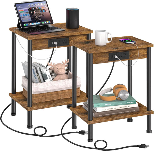 End Table with Charging Station,Small Side Table,2-Tier Nightstand with Storage Shelf,Sofa Bedside Table for Small Spaces in Living Room,Bedroom,Office,Easy Assembly,Rustic Brown