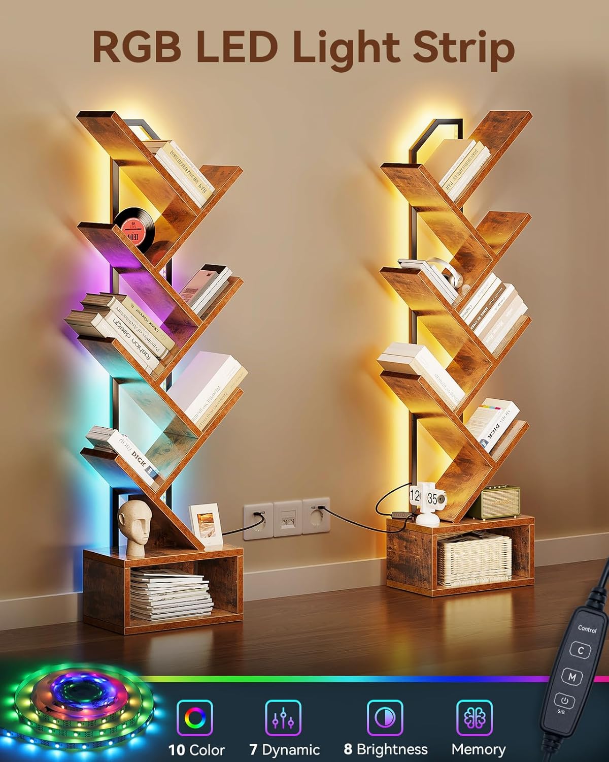 Casaottima 6-Tier Tree Bookshelf — Narrow Floor Standing Bookcase, Tall Steel & Wood Book Organizer Shelf with Cabinet, Home Decor for Living Room/Bedroom/Home Office, Vintage